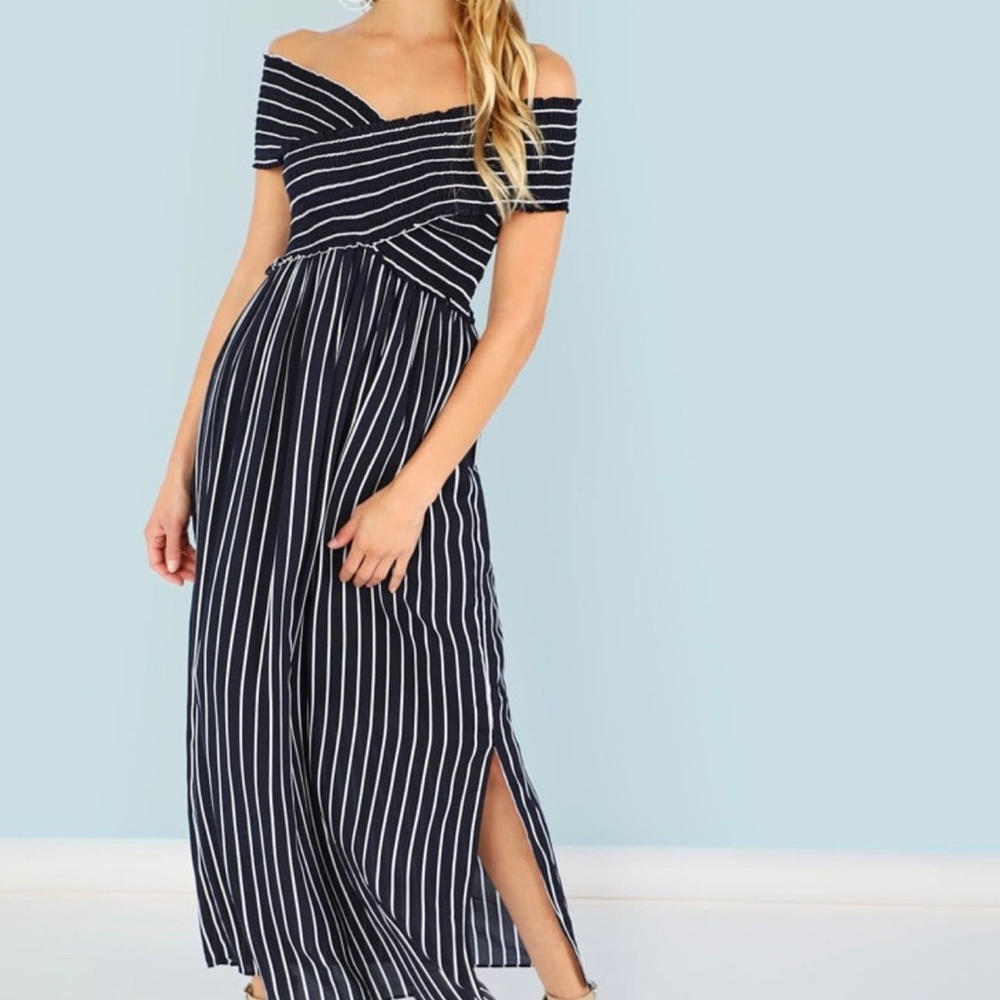 She and sky Striped Off-the-Shoulder Maxi Dress S